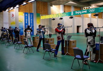 BEIJING - AUGUST 17: A general view of competitors in the men's 50m rifle 3 positions final held at the Beijing Shooting Range Hall during Day 9 of the Beijing 2008 Olympic Games on August 17, 2008 in Beijing, China.  (Photo by Harry How/Getty Images)