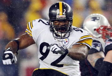 FOXBORO, MA - NOVEMBER 30:  James Harrison #92 of the Pittsburgh Steelers celebrates after the Steelers recovered a fumble by the New England Patriots on November 30, 2008 at Gillette Stadium in Foxboro, Massachusetts.  (Photo by Elsa/Getty Images)