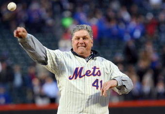 NEW YORK - APRIL 13:  Former Mets pitcher Tom Seaver throws out the ceremonial first pitch before the San Diego Padres against the New York Mets during opening day at Citi Field on April 13, 2009 in the Flushing neighborhood of the Queens borough of New York City. This is the first regular season MLB game being played at the new venue which replaced Shea stadium as the Mets home field.  (Photo by Jim McIsaac/Getty Images)