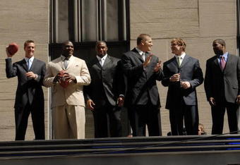 NEW YORK - APRIL 24:  (L-R)  Former college football players Matt Ryan, Glenn Dorsey, Vernon Gholston, Jake Long, Chris Long, and Darren McFadden pose on the Radio City Music Hall marquee after the NFL Draft Media Luncheon April 24, 2008 in New York City.  (Photo by Jonathan Fickies/Getty Images)