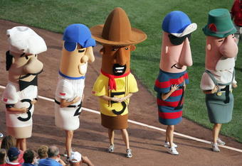 MILWAUKEE - SEPTEMBER 29: Italian Sausage,Hot Dog,Chorizo,Polish Sausage and Bratwurst get ready for the Sausage Race during the game between the San Diego Padres and the Milwaukee Brewers on September 29, 2007 at Miller Park in Milwaukee, Wisconsin. The Brewers defeated the Padres 4-3 in 11 innings. (Photo by Jonathan Daniel/Getty Images)