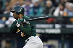SEATTLE - APRIL 4:  Shannon Stewart #24 of the Oakland Athletics swings during the opening day game against the Seattle Mariners on April 4, 2007 at Safeco Field in Seattle, Washington.  The A's won 9-0.  (Photo by Otto Greule Jr/Getty Images)