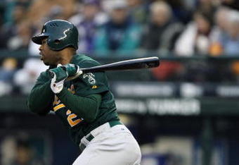 SEATTLE - APRIL 4:  Shannon Stewart #24 of the Oakland Athletics swings during the opening day game against the Seattle Mariners on April 4, 2007 at Safeco Field in Seattle, Washington.  The A's won 9-0.  (Photo by Otto Greule Jr/Getty Images)