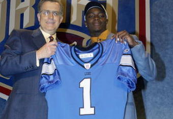 NEW YORK CITY - APRIL 26:  Charles Rogers from Michigan State was selected second overall by the Detroit Lions with NFL Commissioner Paul Tagliabue at the 2003 NFL Draft on April 26, 2003 at Madison Square Garden in New York City. (Photo by Ezra Shaw/Getty Images)