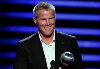 LOS ANGELES, CA - JULY 16:  NFL athlete Brett Favre accepts an award for record breaker onstage at the 2008 ESPY Awards held at NOKIA Theatre L.A. LIVE on July 16, 2008 in Los Angeles, California.  The 2008 ESPYs will air on Sunday, July 20 at 9PM ET on ESPN.  (Photo by Kevin Winter/Getty Images)