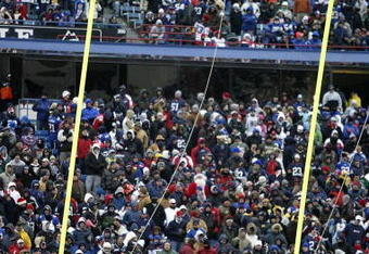 ORCHARD PARK, NY - DECEMBER 28: The goalpost tips after being blown by high winds during the game between the Buffalo Bills and the New England Patriots at Ralph Wilson Stadium December 28, 2008 in Orchard Park, New York.  (Photo by Rick Stewart/Getty Images)