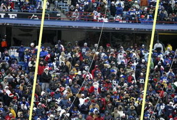 ORCHARD PARK, NY - DECEMBER 28: The goalpost tips after being blown by high winds during the game between the Buffalo Bills and the New England Patriots at Ralph Wilson Stadium December 28, 2008 in Orchard Park, New York.  (Photo by Rick Stewart/Getty Images)