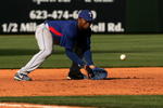 SURPRISE, AZ - MARCH 2: Third baseman Desi Relaford #1 of the Texas Rangers fields a ground ball against the Kansas City Royals during Spring Training on March 2, 2007 at Surprise Stadium in Surprise, Arizona. (Photo by Stephen Dunn/Getty Images)