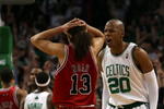 BOSTON - APRIL 20:  Ray Allen #20 of the Boston Celtics reacts after he sinks his last second game winning basket as Joakim Noah #13 of the Chicago Bulls reacts to the loss in Game Two of the Eastern Conference Quarterfinals during the 2009 NBA Playoffs at TD Banknorth Garden on April 20, 2009 in Boston, Massachusetts. The Boston Celtics defeated the Chicago Bulls 118-115. NOTE TO USER: User expressly acknowledges and agrees that, by downloading and or using this photograph, User is consenting to the terms and conditions of the Getty Images License Agreement. (Photo by Elsa/Getty Images)