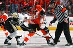 PHILADELPHIA - APRIL 19:  Sidney Crosby #87 of the Pittsburgh Penguins skates against Jeff Carter #17 of the Philadelphia Flyers during Game Three of the Eastern Conference Quarterfinal Round of the 2009 NHL Stanley Cup Playoffs  at the Wachovia Center on April 19, 2009 in Philadelphia, Pennsylvania. The Flyers won the game 6-3 to cut the Penguins lead in the series to two games to one.  (Photo by Jim McIsaac/Getty Images)