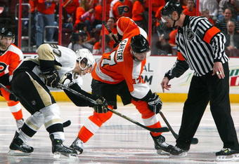 PHILADELPHIA - APRIL 19:  Sidney Crosby #87 of the Pittsburgh Penguins skates against Jeff Carter #17 of the Philadelphia Flyers during Game Three of the Eastern Conference Quarterfinal Round of the 2009 NHL Stanley Cup Playoffs  at the Wachovia Center on April 19, 2009 in Philadelphia, Pennsylvania. The Flyers won the game 6-3 to cut the Penguins lead in the series to two games to one.  (Photo by Jim McIsaac/Getty Images)
