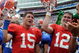 GAINESVILLE, FL - APRIL 18: Quarterbacks Tim Tebow #15 and John Brantley #12 of the University of Florida celebrate after the spring football orange and blue game April 18, 2009 at Ben Hill Griffin Stadium in Gainesville, Florida. (Photo by Al Messerschmidt/Getty Images)