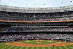 NEW YORK - APRIL 17:  A view of Yankee Stadium from center field during the New York Yankees game against the Cleveland Indians on April 17, 2009 in the Bronx borough of New York City. Many of the high priced seats behind home plate remained empty during the game.  (Photo by Ezra Shaw/Getty Images)