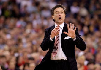 INDIANAPOLIS - MARCH 27:  Head coach Rick Pitino of the Louisville Cardinals coaches against the Arizona Wildcats during the third round of the NCAA Division I Men's Basketball Tournament at the Lucas Oil Stadium on March 27, 2009 in Indianapolis, Indiana. Louisville won 103-64.  (Photo by Andy Lyons/Getty Images)