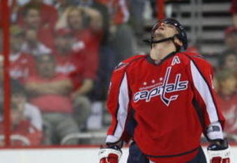 WASHINGTON - APRIL 18: Alex Ovechkin #8 of the Washington Capitals looks up after missing a third period shot against the New York Rangers during Game Two of the Eastern Conference Quarterfinal Round of the 2009 NHL Stanley Cup Playoffs at Verizon Center on April 18, 2009 in Washington, DC. The Rangers defeated the Capitals 1-0. (Photo by Bruce Bennett/Getty Images)