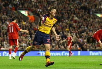 LIVERPOOL, UNITED KINGDOM - APRIL 21:  Andrey Arshavin of Arsenal  celebrates scoring his team's third goal and his hat trick during the Barclays Premier League match between Liverpool and Arsenal at Anfield on April 21, 2009 in Liverpool, England.  (Photo by Alex Livesey/Getty Images)