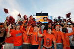 AUBURN, AL - SEPTEMBER 20: Auburn fans cheer as defensive lineman Sen'Derrick Marks #94 of the Auburn Tigers is announced prior to taking on the LSU Tigers missed a field goal at Jordan-Hare Stadium on September 20, 2008 in Auburn, Alabama. (Photo by Doug Benc/Getty Images)