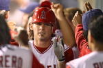 ANAHEIM, CA - SEPTEMBER 11:  Brandon Wood #3 of the Los Angeles Angels of Anaheim returns to the dugout after scoring in the sixth inning against the Seattle Mariners at Angels Stadium September 11, 2008 in Anaheim, California.  (Photo by Lisa Blumenfeld/Getty Images)