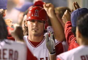 ANAHEIM, CA - SEPTEMBER 11:  Brandon Wood #3 of the Los Angeles Angels of Anaheim returns to the dugout after scoring in the sixth inning against the Seattle Mariners at Angels Stadium September 11, 2008 in Anaheim, California.  (Photo by Lisa Blumenfeld/Getty Images)