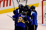ST LOUIS, MO - APRIL 19: Members of the St Louis Blues celebrate a goal against the Vancouver Canucks in the first period during Game Three of the Western Conference Quarterfinal Round of the 2009 Stanley Cup Playoffs on April 19, 2009 at Scottrade Center in St. Louis, Missouri. (Photo by Matthew Stockman/Getty Images)