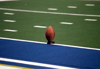 1 May 2000:  A shot of a football on the tee during the Arena Football game between the Oklahoma Wranglers and the Los Angeles Avengers at the Staples Center in Los Angeles, California.  The Wranglers defeated the Avengers 59-33.Mandatory Credit: Kellie Landis  /Allsport