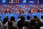 VIENNA, AUSTRIA - JUNE 28: (L-R) William Gaillard, UEFA Director of Communications, President Michel Platini, General Secretary David Taylor and Martin Kallen, the Euro 2008 Chief Operations Officer are pictured during the UEFA EURO 2008 tournament review press conference at Ernst Happel Stadion on June 28, 2008 in Vienna, Austria. The UEFA EURO 2008 Final match will be played between Germany and Spain on June 29, 2008.  (Photo by Laurence Griffiths/Getty Images)