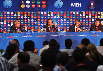 VIENNA, AUSTRIA - JUNE 28: (L-R) William Gaillard, UEFA Director of Communications, President Michel Platini, General Secretary David Taylor and Martin Kallen, the Euro 2008 Chief Operations Officer are pictured during the UEFA EURO 2008 tournament review press conference at Ernst Happel Stadion on June 28, 2008 in Vienna, Austria. The UEFA EURO 2008 Final match will be played between Germany and Spain on June 29, 2008.  (Photo by Laurence Griffiths/Getty Images)