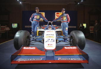 29 Feb 1997:  Lola drivers Vincenzo Sospiri of Italy (left), Andrea Montermini of Italy (right) and Ricardo Rosset of Brazil (in car)  during the Lola Team Launch at the Hilton Hotel in London. \ Mandatory Credit: Gary M Prior /Allsport