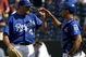KANSAS CITY, MO - AUGUST 22:  Closer Jeremy Affeldt #48  (L) and catcher Alberto Castillo #45 of the Kansas City Royals celebrate their win over the Texas Rangers August 22, 2004 at Kauffman Stadium in Kansas City, Missouri. The Royals won 10-2 to end the Ranger's eight-game winning streak. (Photo by Dave Kaup/Getty Images)