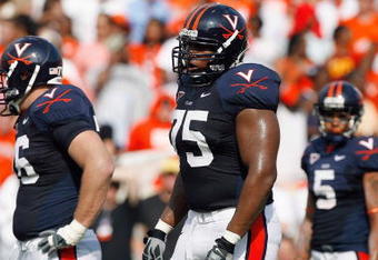 CHARLOTTESVILLE, VA - AUGUST 30:  Eugene Monroe #75 of the Virginia Cavaliers stands on the field during the game against the Southern California Trojans at Scott Stadium on August 30, 2008 in Charlottesville, Virginia.  (Photo by Kevin C. Cox/Getty Images)