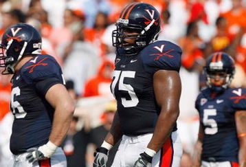 CHARLOTTESVILLE, VA - AUGUST 30:  Eugene Monroe #75 of the Virginia Cavaliers stands on the field during the game against the Southern California Trojans at Scott Stadium on August 30, 2008 in Charlottesville, Virginia.  (Photo by Kevin C. Cox/Getty Images)