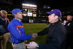 SAN DIEGO, CA - DECEMBER 23:  Head Coach Chris Petersen of the Boise State Broncos meets Heads Coach Gary Patterson of TCU Horned Frogs after the Horned Frogs 17-16 win over the Broncos during the San Diego County Credit Union Poinsettia Bowl at Qualcomm Stadium on December 23, 2008 in San Diego, California. (Photo by Donald Miralle/Getty Images)