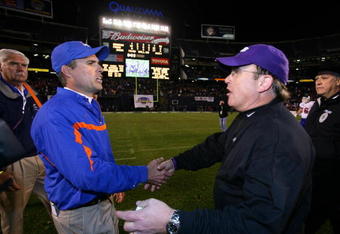 SAN DIEGO, CA - DECEMBER 23:  Head Coach Chris Petersen of the Boise State Broncos meets Heads Coach Gary Patterson of TCU Horned Frogs after the Horned Frogs 17-16 win over the Broncos during the San Diego County Credit Union Poinsettia Bowl at Qualcomm Stadium on December 23, 2008 in San Diego, California. (Photo by Donald Miralle/Getty Images)
