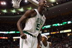 BOSTON - FEBRUARY 08:  Kevin Garnett #5 of the Boston Celtics celebrates a shot against the San Antonio Spurs on February 8, 2009 at TD Banknorth Garden in Boston, Massachusetts. The Spurs defeated the Celtics 105-99. NOTE TO USER: User expressly acknowledges and agrees that, by downloading and or using this Photograph, user is consenting to the terms and conditions of the Getty Images License Agreement.  (Photo by Elsa/Getty Images)