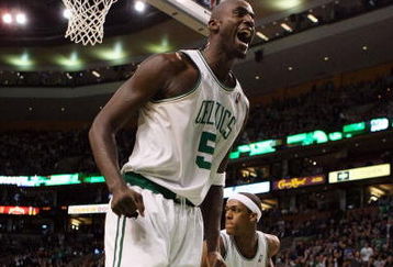 BOSTON - FEBRUARY 08:  Kevin Garnett #5 of the Boston Celtics celebrates a shot against the San Antonio Spurs on February 8, 2009 at TD Banknorth Garden in Boston, Massachusetts. The Spurs defeated the Celtics 105-99. NOTE TO USER: User expressly acknowledges and agrees that, by downloading and or using this Photograph, user is consenting to the terms and conditions of the Getty Images License Agreement.  (Photo by Elsa/Getty Images)