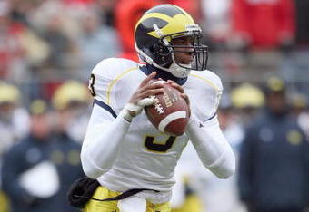 COLUMBUS, OH - NOVEMBER 22:  Steve Brown #3 of the Michigan Wolverines passes the ball during the Big Ten Conference game against the Ohio State Buckeyes at Ohio Stadium on November 22, 2008 in Columbus, Ohio.  (Photo by Andy Lyons/Getty Images)