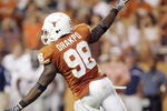 AUSTIN, TX - SEPTEMBER 20:  Defensive end Brian Orakpo #98 of the Texas Longhorns celebrates after sacking quarterback Chase Clement #16 of the Rice Owls in the fourth quarter on September 20, 2008 at Darrell K Royal-Texas Memorial Stadium in Austin, Texas.  Texas won 52-10.  (Photo by Brian Bahr/Getty Images)