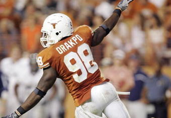 AUSTIN, TX - SEPTEMBER 20:  Defensive end Brian Orakpo #98 of the Texas Longhorns celebrates after sacking quarterback Chase Clement #16 of the Rice Owls in the fourth quarter on September 20, 2008 at Darrell K Royal-Texas Memorial Stadium in Austin, Texas.  Texas won 52-10.  (Photo by Brian Bahr/Getty Images)