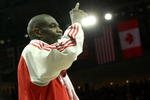 HOUSTON - APRIL 29:  Dikembe Mutombo #55 of the Houston Rockets celebrates as he leaves the floor after Game Five of the Western Conference Quarterfinals against the Utah Jazz during the 2008 NBA Playoffs at the Toyota Center on April 29, 2008 in Houston, Texas.  The Rockets won 95-69.   NOTE TO USER: User expressly acknowledges and agrees that, by downloading and or using this photograph, User is consenting to the terms and conditions of the Getty Images License Agreement.  (Photo by Stephen Dunn/Getty Images)  