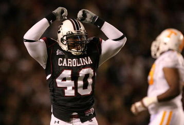 COLUMBIA, SC - NOVEMBER 01:  Eric Norwood #40 of the South Carolina Gamecocks celebrates after making a defensive stop against the Tennessee Volunteers during their game at Williams-Brice Stadium on November 1, 2008 in Columbia, South Carolina.  (Photo by Streeter Lecka/Getty Images)
