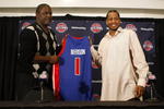 AUBURN HILLS, MI - NOVEMBER 04:  Allen Iverson #1 of the Detroit Pistons is introduced at press conference by President of Basketball Operations Joe Dumars after being traded from the Denver Nuggets on November 4, 2008 at the Palace of Auburn Hills in Auburn Hills, Michigan. NOTE TO USER: User expressly acknowledges and agrees that, by downloading and or using this photograph, User is consenting to the terms and conditions of the Getty Images License Agreement.  (Photo by Gregory Shamus/Getty Images)