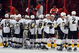 PHILADELPHIA - APRIL 21: The Pittsburgh Penguins celebrate after defeating the Philadelphia Flyers during Game Four of the Eastern Conference Quarterfinal Round of the 2009 NHL Stanley Cup Playoffs  at the Wachovia Center on April 21, 2009 in Philadelphia, Pennsylvania. The Penguins defeated the Flyers 3-1 to take a three games to one lead in the series.  (Photo by Jim McIsaac/Getty Images)