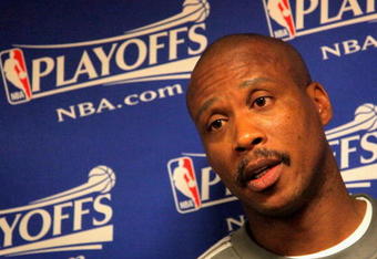 DENVER - APRIL 22:  Head coach Byron Scott of the New Orleans Hornets talks to the media prior to facing the Denver Nuggets in Game Two of the Western Conference Quarterfinals during the 2009 NBA Playoffs at Pepsi Center on April 22, 2009 in Denver, Colorado. NOTE TO USER: User expressly acknowledges and agrees that, by downloading and or using this photograph, User is consenting to the terms and conditions of the Getty Images License Agreement.  (Photo by Doug Pensinger/Getty Images)