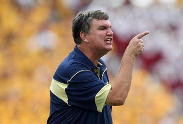 CHESTNUT HILL, MA - SEPTEMBER 6:  Head Coach Paul Johnson of the Georgia Tech Yellow Jackets reacts near the sideline during their game against the Boston College Eagles on September 6, 2008 at Alumni Stadium in Chestnut Hill, Massachusetts. The Yellow Jackets defeated the Eagles 19-16. (Photo by Elsa Garrison/Getty Images)