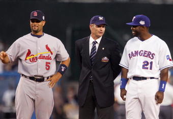 NEW YORK - JULY 15:  (L-R) National League All-Star Albert Pujols #5 of the St. Louis Cardinals, former MLB player Paul Molitor of the Milwaukee Brewers and American League All-Star Milton Bradley #21 of the Texas Rangers look on prior to the 79th MLB All-Star Game at Yankee Stadium on July 15, 2008 in the Bronx borough of New York City.  (Photo by Jim McIsaac/Getty Images)