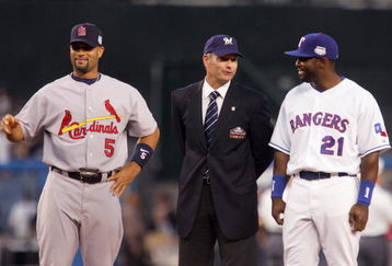 NEW YORK - JULY 15:  (L-R) National League All-Star Albert Pujols #5 of the St. Louis Cardinals, former MLB player Paul Molitor of the Milwaukee Brewers and American League All-Star Milton Bradley #21 of the Texas Rangers look on prior to the 79th MLB All-Star Game at Yankee Stadium on July 15, 2008 in the Bronx borough of New York City.  (Photo by Jim McIsaac/Getty Images)