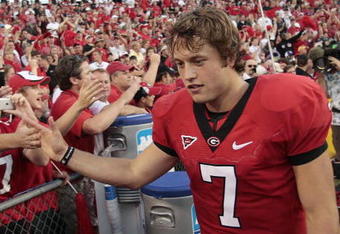 BATON ROUGE, LA - OCTOBER 25:  Matthew Stafford #7 of the Georgia Bulldogs reacts with fans after their football game against the LSU Tigers at Tiger Stadium on October 25, 2008 in Baton Rouge, Louisiana.  (Photo by Dave Martin/Getty Images)