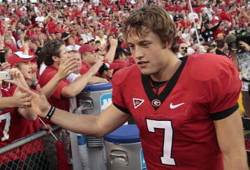 BATON ROUGE, LA - OCTOBER 25:  Matthew Stafford #7 of the Georgia Bulldogs reacts with fans after their football game against the LSU Tigers at Tiger Stadium on October 25, 2008 in Baton Rouge, Louisiana.  (Photo by Dave Martin/Getty Images)