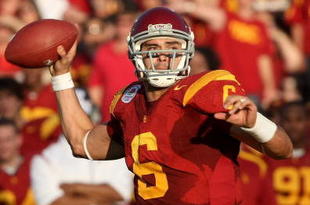 PASADENA, CA - JANUARY 01:  Quarterback Mark Sanchez #6 of the USC Trojans throws a touchdown at the end of the first half against the Penn State Nittany Lions during the 95th Rose Bowl Game presented by Citi on January 1, 2009 at the Rose Bowl in Pasadena, California.  (Photo by Stephen Dunn/Getty Images)