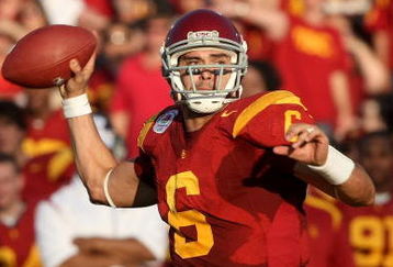 PASADENA, CA - JANUARY 01:  Quarterback Mark Sanchez #6 of the USC Trojans throws a touchdown at the end of the first half against the Penn State Nittany Lions during the 95th Rose Bowl Game presented by Citi on January 1, 2009 at the Rose Bowl in Pasadena, California.  (Photo by Stephen Dunn/Getty Images)